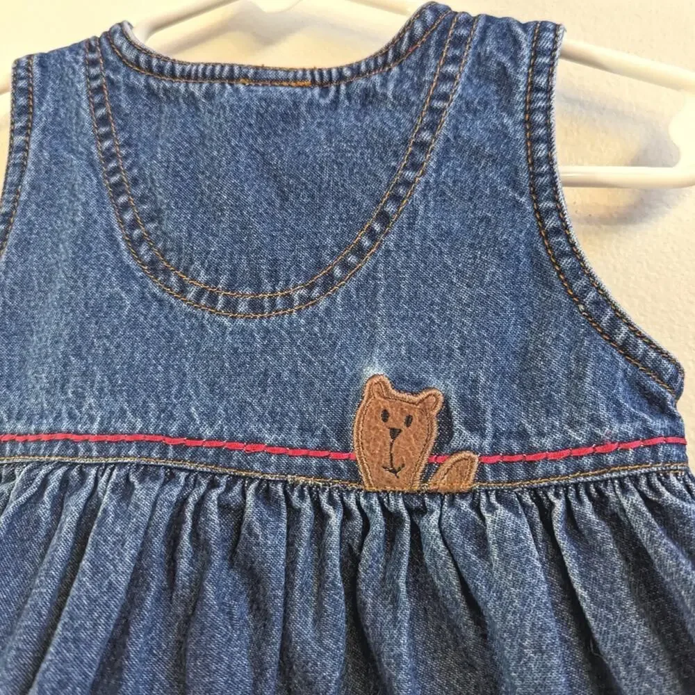 Vtg Baby Gap Dress Girls Sz 12-18m Denim Christmas Cabin Bear